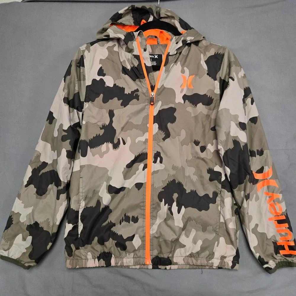 Hurley Boys Large L 12-13 Camo Windbreaker Jacket Neon Orange Zip Hooded